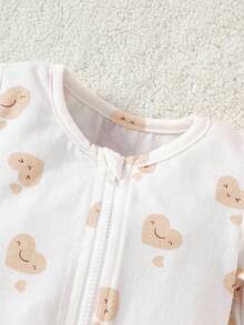 SHEIN 4pcs Newborn Baby Girl Cute Polka Dot Heart Print Long Sleeve Zipper Romper & Butterfly Headband Soft Sleepwear Outfit Set Graphic - Apricot - View 5
