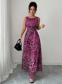 Rafferiza 女式优雅豹纹网眼圆领褶饰腰部抽绳 A 字形无袖长裙 - 玫紅色 - 查看 2