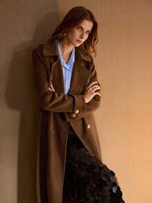 PREMIUM 纯色羊毛翻领双排扣系腰带大衣 - 棕色 - 查看 5