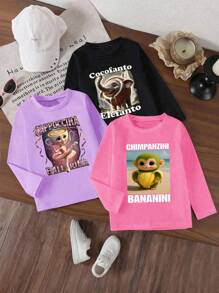 3 Stücke Lässig Mode Süße Cartoon Lustige Cappuccino Ballerina Tänzer Langarm T-Shirts für Kleine Mädchen, mit Kokosnuss Elefant, Bananen Gorilla, Cappuccino Ballerina Tänzer Motiven, Rundhals Langarm T-Shirts in Rosa, Lila und Schwarz für Herbst/Winter - Verschiedenfarbig - Übersicht 2
