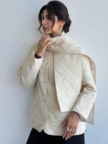 Firerie 女士休闲优雅亮片绗缝围巾领棉服大衣/配围巾的棉服大衣/纹理亮片花朵绗缝/女士秋装/女士冬装/知性优雅女装/日常外出/通勤装/商务谈判 - 白色 - 查看 6