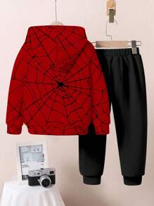 SHEIN 2pcs/Set Young Boys Loose Casual Cartoon Spider Graphic Pullover Hoodie Sweatshirt, Comfortable Streetwear Style, Suitable For Autumn/Winter Spider Hoodie For Kids Boys Halloween  Spiderweb Hoodie Boys Spider  Fall - Multicolor - View 4