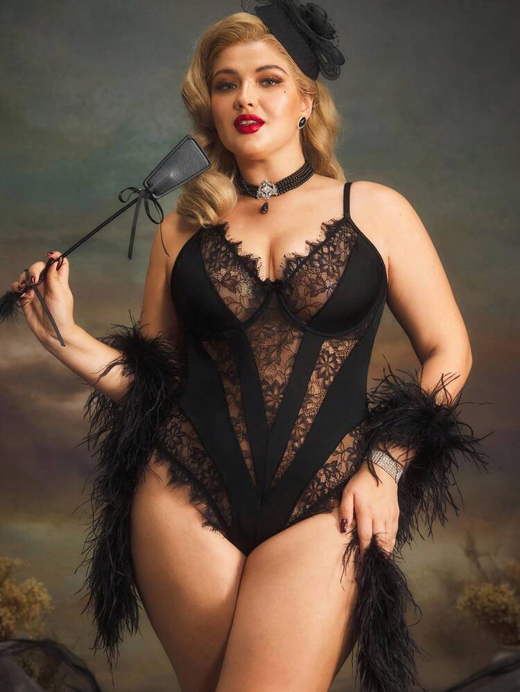 大尺碼女性花邊拼接背心連體衣 - 黑色 - 查看 5