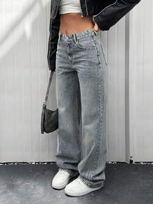 EURMUSE HIGH WAIST CASUAL STYLE DENIM STRAIGHT - Medium Wash - View 7