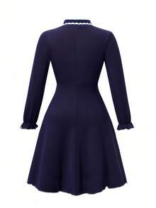 Tween Girl 法式优雅束腰连衣裙，海军蓝，春/秋/冬 - 黑色 - 查看 2