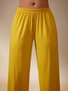 Vixey 纯色针织弹力腰带阔腿裤，带口袋 - 黃色 - 查看 6