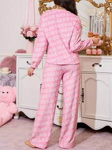 Conjunto de pijama de franela con estampado de oso lindo para mujer - Multicolor - Ver 2