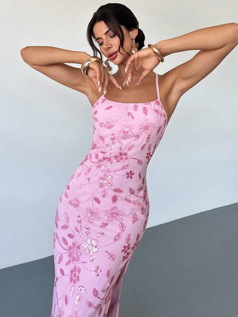Firerie 女士优雅性感花卉亮片露背交叉肩带长裙，适合度假、约会、派对、毕业典礼、舞会 - 粉色