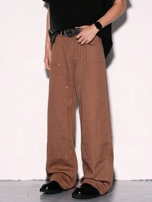 Manfinity Hypemode 大码男士纯色休闲牛仔裤 - 咖啡棕 - 查看 4