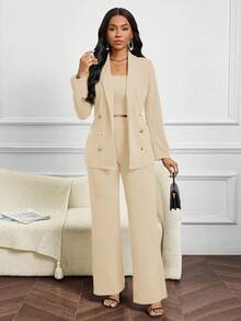 SHEIN Lady 四季婚礼宾客女士背心、西装和西装裤教堂服装酒红色女士西装套装 - 杏色 - 查看 4