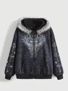 ROMWE Fairycore 大码女式韩流百合花水钻做旧卫衣 - 黑色 - 查看 1