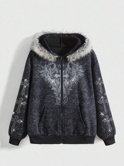 Fairycore Plus Size Women Kpop Lily Flower Rhinestone Distressed Sweatshirt