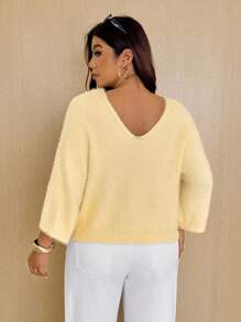 Vionelle 大码女式宽松V领仿皮草针织毛衣，休闲，秋冬 - 黃色 - 查看 2
