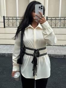 Siren Gaze 女士黑色铆钉腰衬衫，秋冬新品 - 黑色 - 查看 3