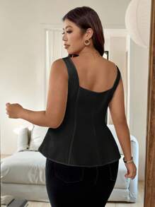 Vionelle 大码女式优雅无袖吊带背心，法式浪漫风格，适合办公室、通勤、下午茶、派对、度假，甜心领，前开衩，收腰，A 字廓形，适合春夏季荷叶边背心黑色荷叶边上衣女式黑色上衣优雅黑色上衣 - 黑色 - 查看 2