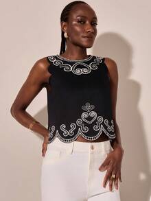 CAJUNI Top noir imprimé décontracté pour vacances pour femmes