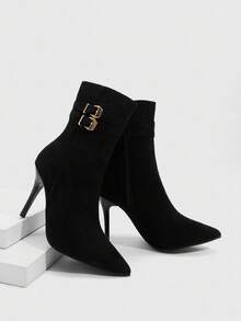 CUCCOO SZL 女士尖头细高跟扣性感优雅时尚中筒靴 - 黑色 - 查看 2