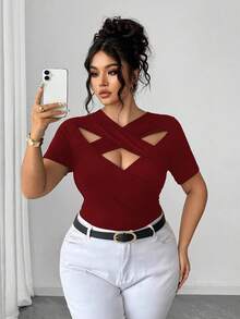 Elenzga 大码女式性感V领交叉短袖镂空系带T恤 - 酒紅色 - 查看 4