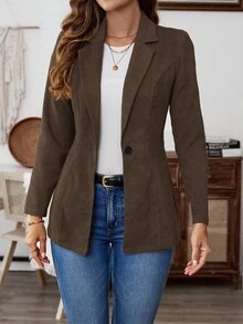 SHEIN LUNE 女式纯色翻领长袖单排扣休闲/工作西装外套，秋季 - 白色 - 查看 3