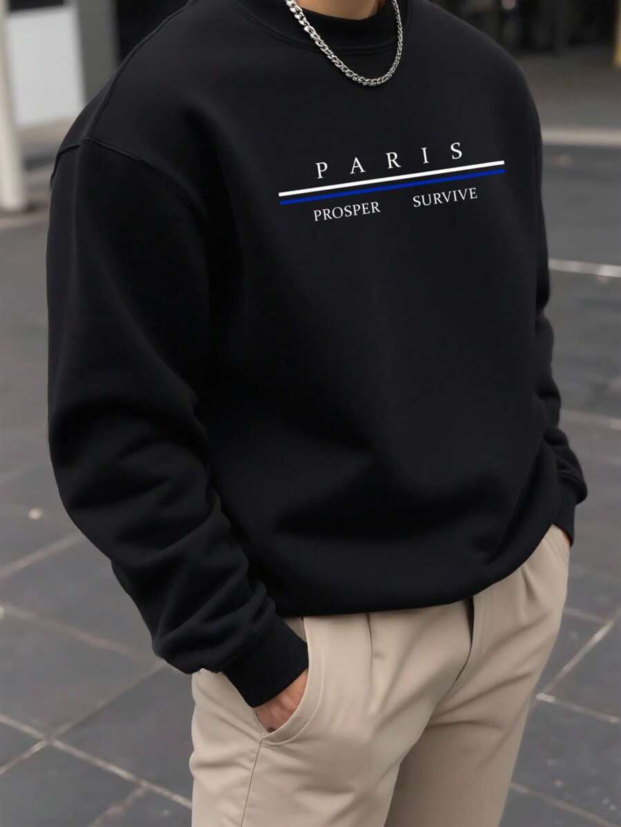 Manfinity Homme 男士休闲宽松长袖套头圆领卫衣，秋冬季 - 黑色 - 查看 1