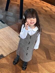 DAZY Gaun Sweater Midi Berlapis Gaya Korea Warna Polos Leher V untuk Balita Perempuan, Musim Gugur/Dingin - Grey - View 5