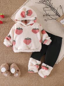 SHEIN Toddler Girls' Cute Red Peach & Cherry Blossom Long Sleeve Hooded Fleece T-Shirt With Printed Leggings T-Shirt Set Fall Winter - Apricot - View 3