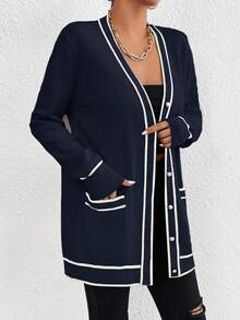 EMERY ROSE Casual Color Block Trim Dual Pocket Cardigan, Spring/Autumn Fall Winter Cloth For Women - Navy Blue - View 4
