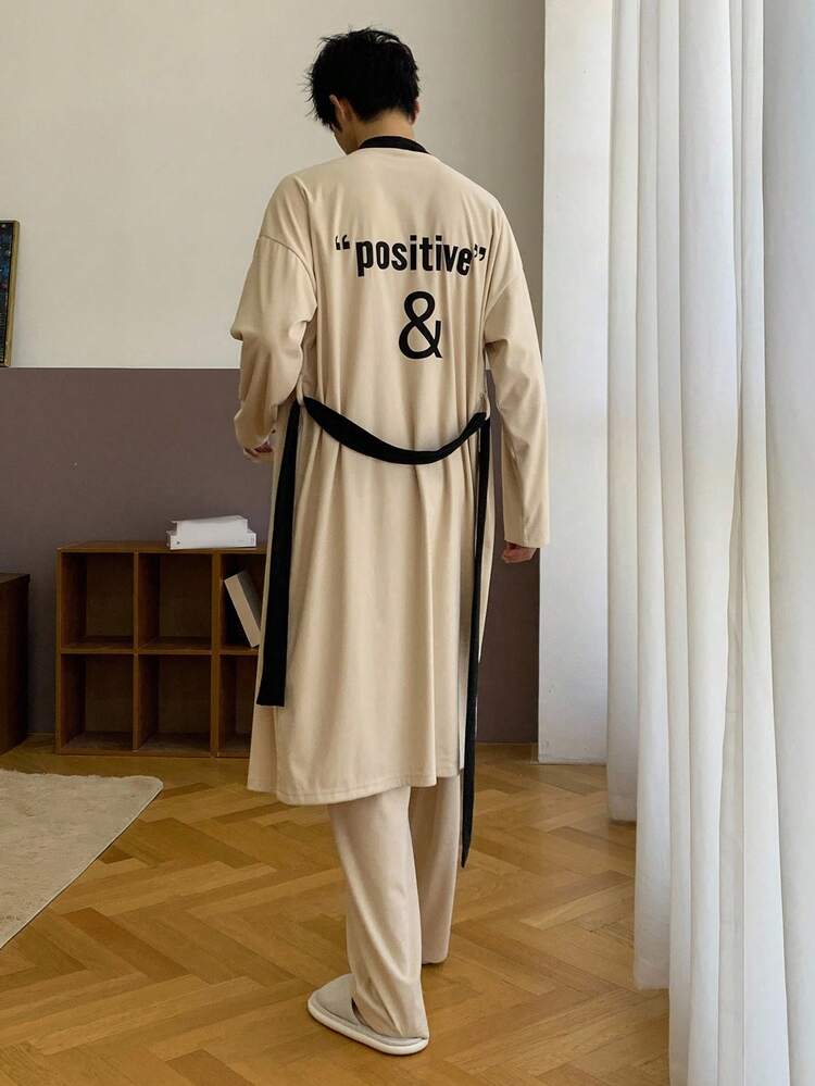 Men's Autumn Long Robe Set With Pants, Khaki Color, Loose & Comfortable Loungewear, Fall Clothes Pajama