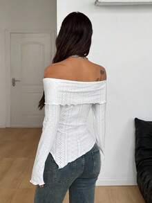 Coolane Damen Winter/Herbst Streetwear Vintage Y2K Date Night Lässig Offene Strick Spitze Dehnbar Komfortabel Weiß Off-Shoulder Langarm Tops