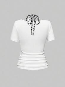 ROMWE Grunge Punk Cross Pendant Punk Skull Print 2 In 1 Leopard Print Tight Fit Women T-Shirt, Suitable For Concert Festival Outfits - White - View 2