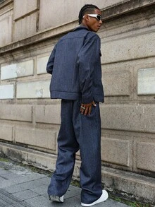 PAVTROS Manfinity Streetrush 男士休闲街头风格长袖衬衫和裤子套装男士海军蓝两件套，秋季服装 - 藏蓝色 - 查看 2