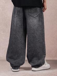 SUMWON 复古风宽松牛仔裤，直筒阔腿裤，休闲百搭，秋冬必备，宽松舒适，纯色 - 黑色 - 查看 3