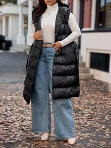 Vionelle 加大码女式连帽大口袋背心夹克长款秋冬时尚保暖外套配腰带冬季秋季羽绒背心 - 黑色 - 查看 9