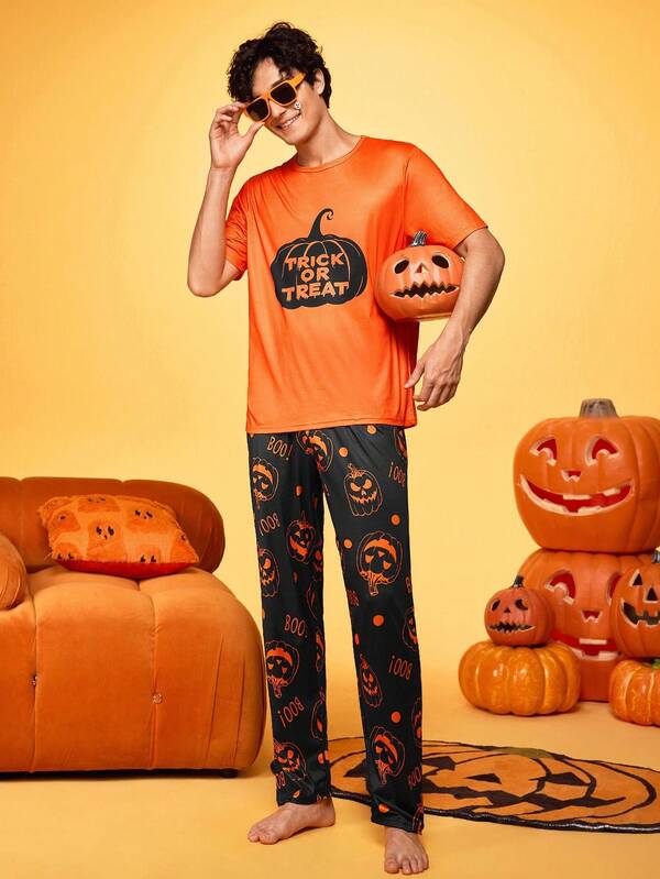 Top de pyjama T-shirt décontracté pour hommes avec imprimé graphique amusant de citrouille pour Halloween