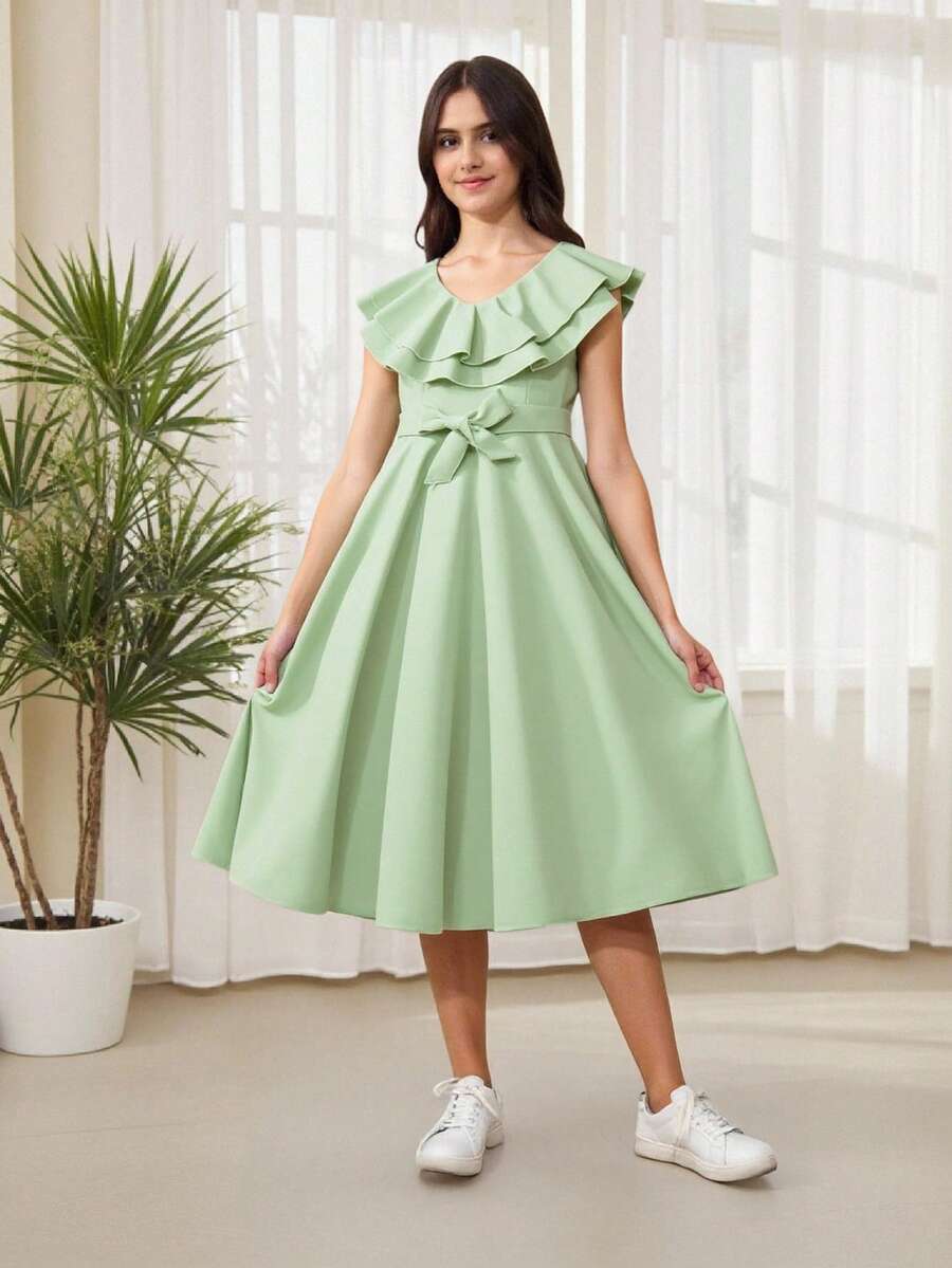 SHEIN Teen Girls' Solid Color Simple A-Line Dress With Ruffle Trim And Bow Decor - Mint Green - View 1