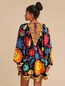 Travachic 女士度假V领长袖印花迷你连衣裙 - 黑色 - 查看 2