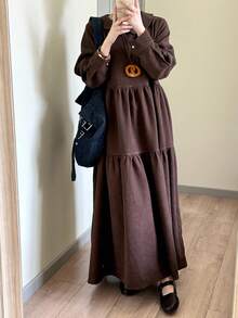 FRIFUL 女式秋季纯棕色彼得潘领长袖连衣裙，秋季连衣裙，户外连衣裙 - 咖啡棕 - 查看 3