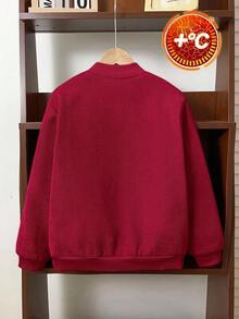 SHEIN 男童灯芯绒保暖内衬拉链棒球夹克，可搭配万圣节连帽衫，适合秋季穿着，长袖，适合通勤、上学、休闲、运动、秋冬季节穿着，也可作为圣诞红色冬季外套或圣诞红色夹克。 - 酒紅色 - 查看 2