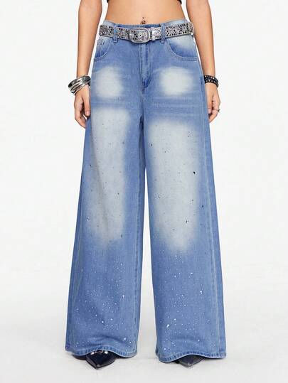 Street Life Damen Lässig Everyday Jeans mit weitem Bein und gewaschenen Strass-Verzierungen