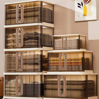 SHEIN Tủ lưu trữ nhẹ 3/2/1 tầng, tủ đựng đồ chơi nhà bếp, phòng khách, tủ gấp gọn, hộp đựng giày trong suốt có thể kéo ra, giá để giày tiết kiệm không gian có thể gấp gọn, hộp đựng đồ lưu trữ có thanh ray dẫn hướng dày