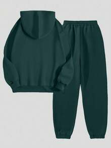 2pcs Women Minimalist Print Hooded Long Sleeve Top And Pants Set - Dark Green - View 2
