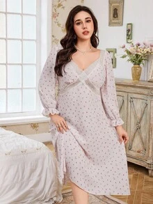 CottageSlumber Ditsy Floral Semi-Sheer Lace Trim Patchwork Mid-Length Long Sleeve Plus Size Women Nightgown, Fall - Baby Pink - View 6