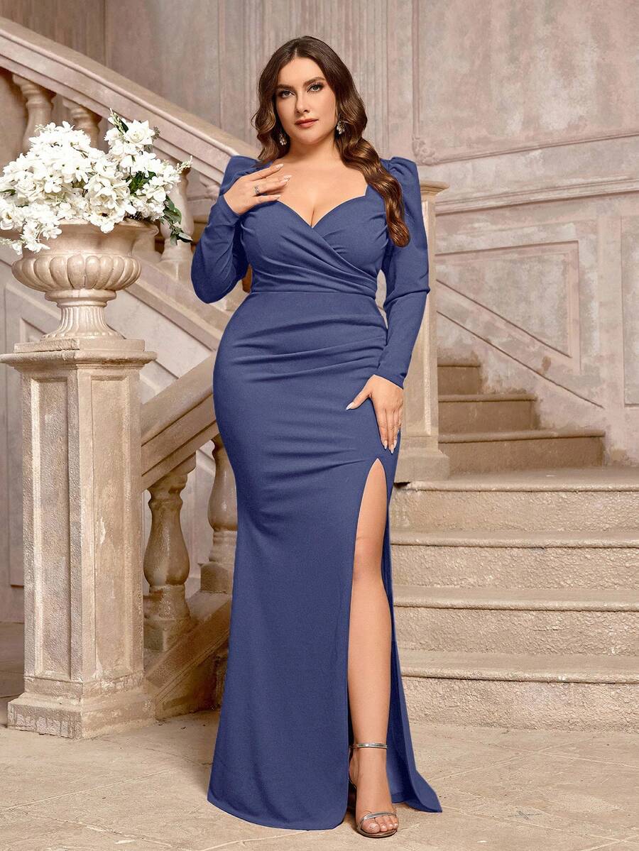 SHEIN Belle 加大码焦糖色弹力面料羊腿袖高开叉优雅伴娘礼服 - 霧霾藍 - 查看 1
