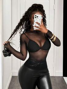 BamGleam 夏季时尚透视网眼修身长袖上衣，女士性感透明常规袖立领修身黑色纯色女式上衣，春/秋，休闲日常穿着