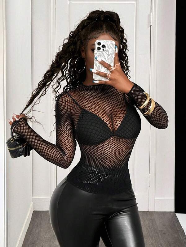 BamGleam Summer Fashionable See-Through Mesh Slim Fit Long Sleeve Top,Ladies Sexy Sheer Regular Sleeve Stand Collar Slim Fit Black Plain Women Tops,Spring/Fall,Casual Daily Wear