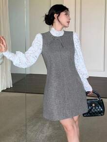 DAZY 女士宽松休闲甜美蝴蝶结装饰无袖连衣裙，秋冬季短款连衣裙 - 灰色 - 查看 4