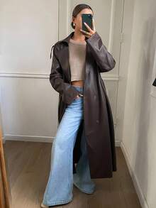 Livesso 秋冬新款宽松休闲加厚优雅重磅PU长款女式常规夹克皮夹克女式外套