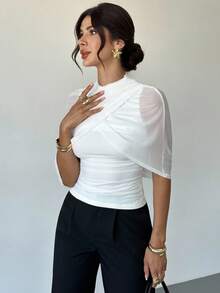 Firerie Áo lưới nhún bèo thường ngày dành cho nữ (Màu trắng) để mặc khi trở lại trường, đi làm, mặc cho giáo viên, mặc đi làm, đi chơi thường ngày, quần áo mùa thu dành cho nữ, quần thu/đông sang trọng, áo sang trọng, trang phục hẹn hò, áo cánh xã giao dành cho nữ và đàm phán kinh doanh. - trắng - Xem 6