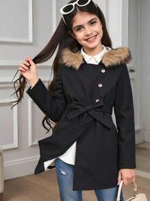 SHEIN 青少年女孩休闲毛绒连帽夹克，带毛领，冬季 - 黑色 - 查看 11