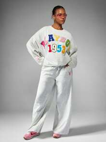 Missguided x Playboy Wide Leg Joggers With Colorful Letter Applique Patches Casual Loungewear Sweatpants For Fall Winter Comfort - Light Grey - View 3